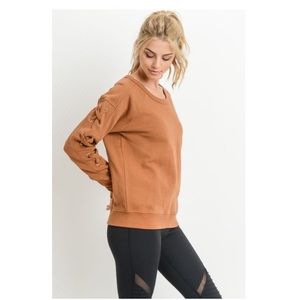 Garment-Dye Lace-Sleeve Fleece Sweater